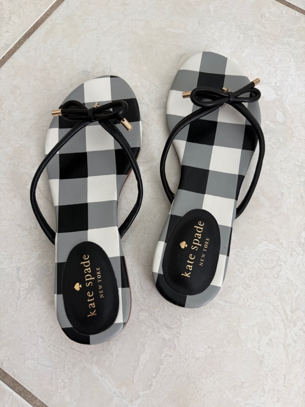 New kate spade Black, White & Gray Gingham Bow Slide Sandals